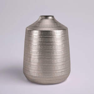 <b>Ribbed</b> Silver Metal <b>Vase</b> - Modern Textured Bottle Container for Contemporary Tabletop Shelf Accent and Luxury Home Decor Display - Product Image 2