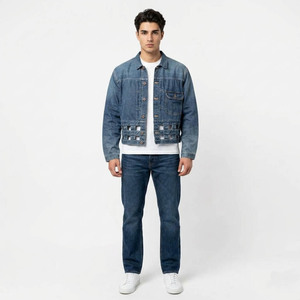 <b>Men's</b> Denim <b>Jacket</b> With Hole Decoration Washed Cotton <b>Casual</b> Style Turn-down Collar Regular Fit Autumn Wear - Product Image 1