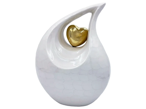 Urne funéraire en aluminium blanc émaillé avec motif cœur doré pour adulte - Product Image 1