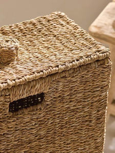 Panier de rangement haut en jonc de mer style bohème avec couvercle, organisateur décoratif pour l'entrée et le rangement des espaces de vie - Product Image 2