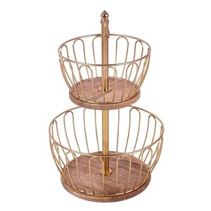 Panier à fruits et légumes rond à 2 niveaux en métal et en bois pour la cuisine et la maison, organisateur de rangement multi-niveaux pour comptoir - Product Image 3