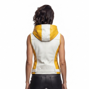 Chaleco de cuero con capucha para mujer, sin mangas, con cinturón, múltiples bolsillos frontales con cremallera, OEM - Product Image 2