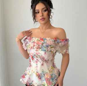 Nueva Blusa Corta con Estampado Floral en el Hombro, Elegante con Volantes y Malla, para Fiestas de Verano, Tejido Transpirable y Cómodo - Product Image 1