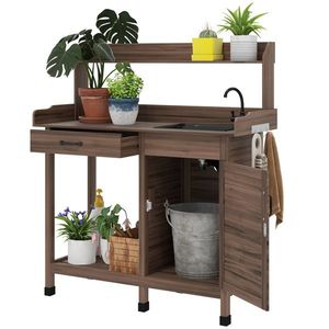 Banco da Giardinaggio Marrone Scuro con Armadietto Portaoggetti, Rubinetto e Ganci - Product Image 1