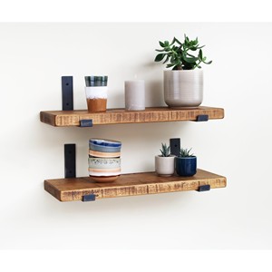 <b>Rustic</b> Reclaimed Wood Double Tier Floating Wall <b>Shelves</b> Set-Distressed Brown for Living Room Wholesale - Product Image 2