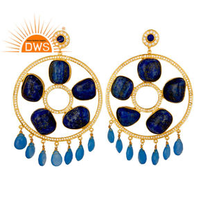 Lapis Lazuli Chalcedony Gemstone Earrings Gold Plated Sterling 925 Silver Designer Chandelier Earrings Jewelry Supplier - Product Image 4