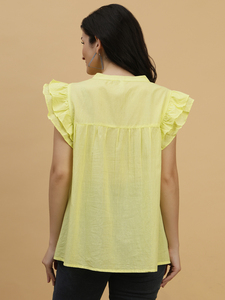 Women's Yellow Linen Blouse With Ruffles Cap Sleeve V-<b>Neck</b> Casual Loose Fit Spring Summer <b>Top</b> - Product Image 5