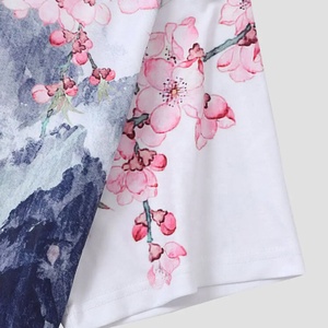 Latest Sublimation Style Men's Short Sleeve T-Shirt With Hand-Painted Mountain And Cherry-Blossom Print O-Neck Loose-Fit Cotton - Product Image 4