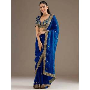 Dazzling Blue Embroidered Silk Festive Saree <b>Set</b> with Blouse - Product Image 3