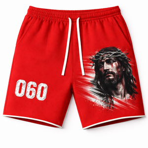 Servicio OEM, Venta al Por Mayor, Shorts de Algodón para Hombre con Diseño Personalizado de Jesús, Nueva Llegada, Marca Privada, Shorts Rojos para Hombre - Product Image 1