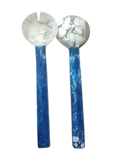 Ensemble de service de luxe en résine pour salade, fait main, effet marbre Aqua Swirl, cuillère et fourchette, compatible lave-vaisselle pour la maison et l'hôtel - Product Image 3