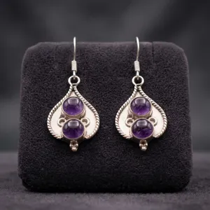 925 Sterling Silver Purple Amethyst Handcrafted Gemstone <b>Earrings</b> Ethnic Indian Design <b>Earrings</b> - Product Image 3
