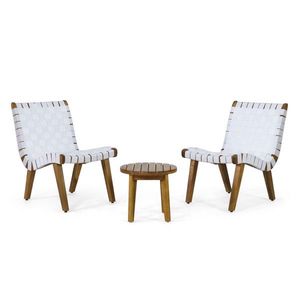 Set da conversazione da esterno in legno di acacia e corda intrecciata, 3 pezzi, colore bianco e teak - Product Image 2