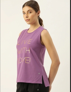 Débardeur sans manches violet pour femme, col rond, imprimé « Live With Love » en feuille d'aluminium, en coton tricoté décontracté - Product Image 6