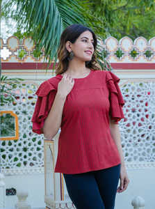 Conjunto de 2 Piezas para Mujer, Color Granate, Algodón, Estampado a Rayas, Corte Regular, Mangas con Capas, Diseño de Cuello, Estilo Formal y Casual - Product Image 2