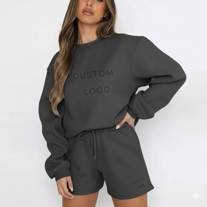 Conjunto de Sudadera y Pantalones Cortos de 2 Piezas para Mujer, Corte Regular, 100% Algodón Felpa, Transpirable, Estilo Urbano de Invierno, Ropa OEM - Product Image 4