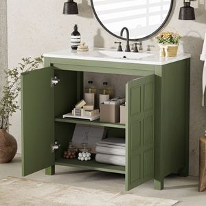 Mobile Bagno Verde Oliva da 36 Pollici con Lavabo in Ceramica e Armadietto Contenitore (Vecchio SKU SV000004AAF) - Product Image 3