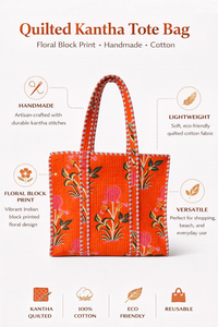 กระเป๋าโท้ทผ้าควิลท์คันธา 100% ผ้าฝ้าย พับได้ ลายเรขาคณิต ทำมือ สะพายไหล่ เป็นมิตรกับสิ่งแวดล้อม ใช้ซ้ำได้ สำหรับช้อปปิ้งหรือไปทะเล - Product Image 6