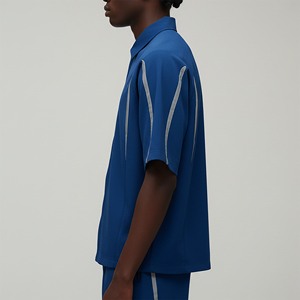 Polo à manches courtes pour homme, couleur unie, coupe classique, décontracté, bleu avec rayures blanches - Product Image 4