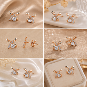 Boucles d'oreilles créoles en laiton or rose avec nœud papillon et diamants pour femme, bijoux de luxe classiques, cadeau, style quotidien et de soirée - Product Image 3