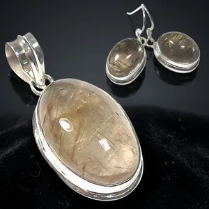 925 Sterling Silver Rutilated Quartz Jewelry Set Oval Pendant Earrings Golden Rutile Gemstone Bezel Setting Women's Jewelry Sets - Product Image 2