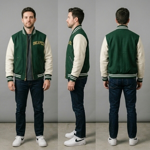 Chaqueta de Lana Verde para Hombre con Mangas Crema, Cuello y Puños de Punto Acanalado, Cierre Frontal Completo, Estilo Casual Urbano Premium, Chaqueta Personalizada de Dos Tonos a la Moda - Product Image 6