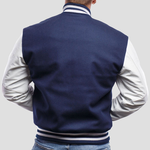 <b>Mens</b> Varsity <b>Jacket</b> Navy Blue and <b>White</b> Custom Letterman Baseball Bomber College <b>Jacket</b> with PU Leather Sleeves OEM Manufacturer - Product Image 3