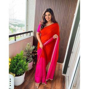 ATRACTIVO CHINON SEDA TEÑIDO A MANO CUTDANA TRABAJO SAREE CON BLUSA COSTADA ROSA - Product Image 1