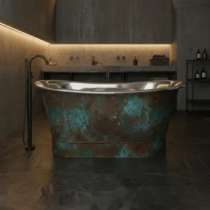 Bañera de Acero Inoxidable con Base Recta, Acabado Exterior con Pátina Envejecida, Hecha a Mano, Independiente - Product Image 2