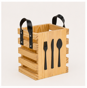 Eco-Friendly Bamboo Wooden Cutlery Holder With Leather Handles Portable 3-Compartment Utensil Caddy & Silverware Organizer - Product Image 1