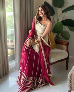 Silk Salwar Kameez Set Heavy Flared Floor-Length Ethnic Outfit with Dupatta for Wedding Graduation Diwali Party Festive Wear - Product Image 4