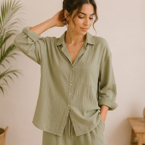 Ensemble de vêtements de détente pour femmes, 100% coton gaze, pyjama écologique, vêtements de nuit pour femmes, style décontracté d'été - Product Image 4