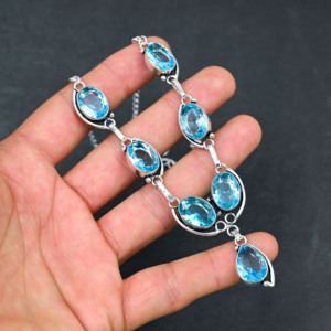 Collier personnalisé en argent sterling 925 plaqué, avec topaze bleue, fait main, pierre précieuse naturelle, idéal pour mariage et fête - Product Image 1