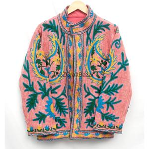 Chaqueta Rosa Bordada a Mano para Mujer, Cuello Mandarín, Estampado Floral, Invierno, Manga Larga, Largo Regular - Product Image 1