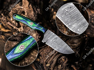 UA Supplies มีดทำมือเหล็กดามัสกัส ดรอปพอยท์ ฟูลแทง คมกริบ สำหรับกิจกรรมกลางแจ้ง ตั้งแคมป์ ล่าสัตว์ เอาตัวรอด EDC  DIY ODM/OEM ด้ามไม้ - Product Image 2