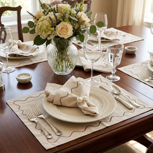 Custom Classic Washable Reuse Embroidery Geometric <b>Placemats</b> Napkins Sets 100% Natural Linen Mats for Home Wedding Events - Product Image 1