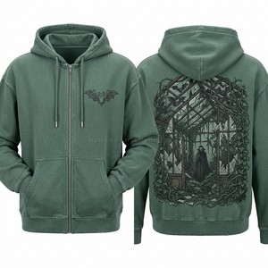 Sweat à capuche zippé bleu personnalisé pour homme, avec imprimé graphique Dark Weather Atlas, délavage vintage, grammage lourd, style streetwear, fabrication usine - Product Image 3