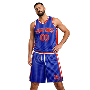 Conjunto de Uniforme de Baloncesto Retro Personalizado con Rayas Azules, Jersey con Borde de Texto Rojo y Blanco, Pantalones Cortos, Diseño Retro con Nombre y Número del Equipo - Product Image 1