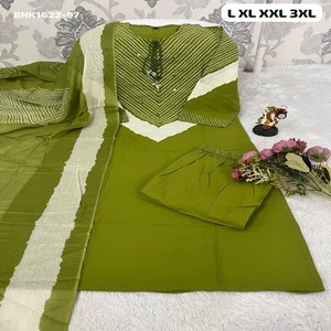 Kurti-Pant-Dupatta Indio de Exportación de Buena Calidad, en Algodón Puro con Estampado Bandhej y Cuello Redondo con Tie-Dori, Preconfeccionado y de Corte Recto - Product Image 1