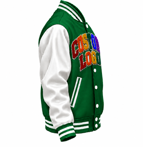 Custom Logo Varsity <b>Jacket</b> <b>Men</b> Green <b>White</b> Embroidered Letter Front Design Regular Fit Autumn Wear Preppy Style - Product Image 3
