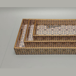 ชุดถาดเสิร์ฟลายดีไซน์เนอร์ ทำจาก MDF เคลือบเงาอย่างดี ลายพิมพ์สีเทาและทอง  แบบซ้อนเก็บได้ - Product Image 5
