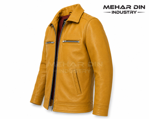 Premium Mustard Yellow Sheepskin Leather <b>Jacket</b> Unisex Winter Zipper Stand Collar OEM Service Finished Casual Fashion Outerwear - Product Image 2