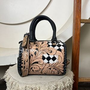 2026 Latest Pattern Hand <b>Tooled</b> Checkered Cowhide Leather <b>Small</b> Speedy Bag for Women's With Floral Carved Design Shoulder Bag - Product Image 4