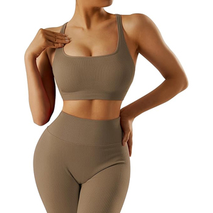 Hot Selling Waterproof Plus Size Ribbed Active Stretch Workout Sets Women 2 Piece Backless Strappy Sports Bra High-Waisted - Product Image 5