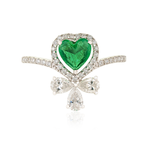 Designer Stylish Real K18 White Gold Heart Shape Zambian Emerald & Diamond Unique <b>Statement</b> <b>Ring</b> Precious Gemstone Jewelry - Product Image 1