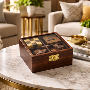 Juego de 4 rompecabezas de madera hechos a mano | Juegos de ingenio de palo de palisandro indio |   Caja de Regalo con Tapa de Vidrio, Colección de Rompecabezas IQ de Primera Calidad - Product Image 3