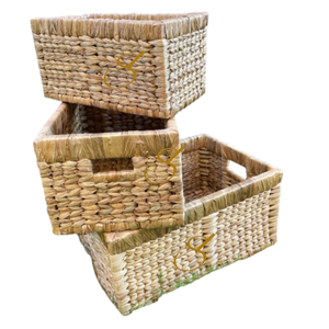 Water Hyacinth Multi-Utility Basket Set of Three with Wooden Frame - Rustic Home Storage - Product Image 3