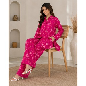 Premium Women's Floral Printed 2 Piece Co-Ord Set Long Sleeve High-Low Button <b>Down</b> Shirt with Wide Leg <b>Trousers</b> Casual Wear - Product Image 4