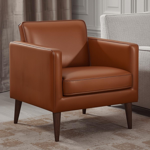 Fauteuil d'appoint moderne en cuir cognac avec pieds en bois, fauteuil lounge de style mid-century pour salon, chambre et hôtel - Product Image 1