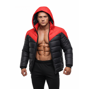Veste matelassée à capuche rouge et noire pour homme, légère, chaude, zippée, coupe-vent, décontractée, pour l'extérieur - Product Image 1